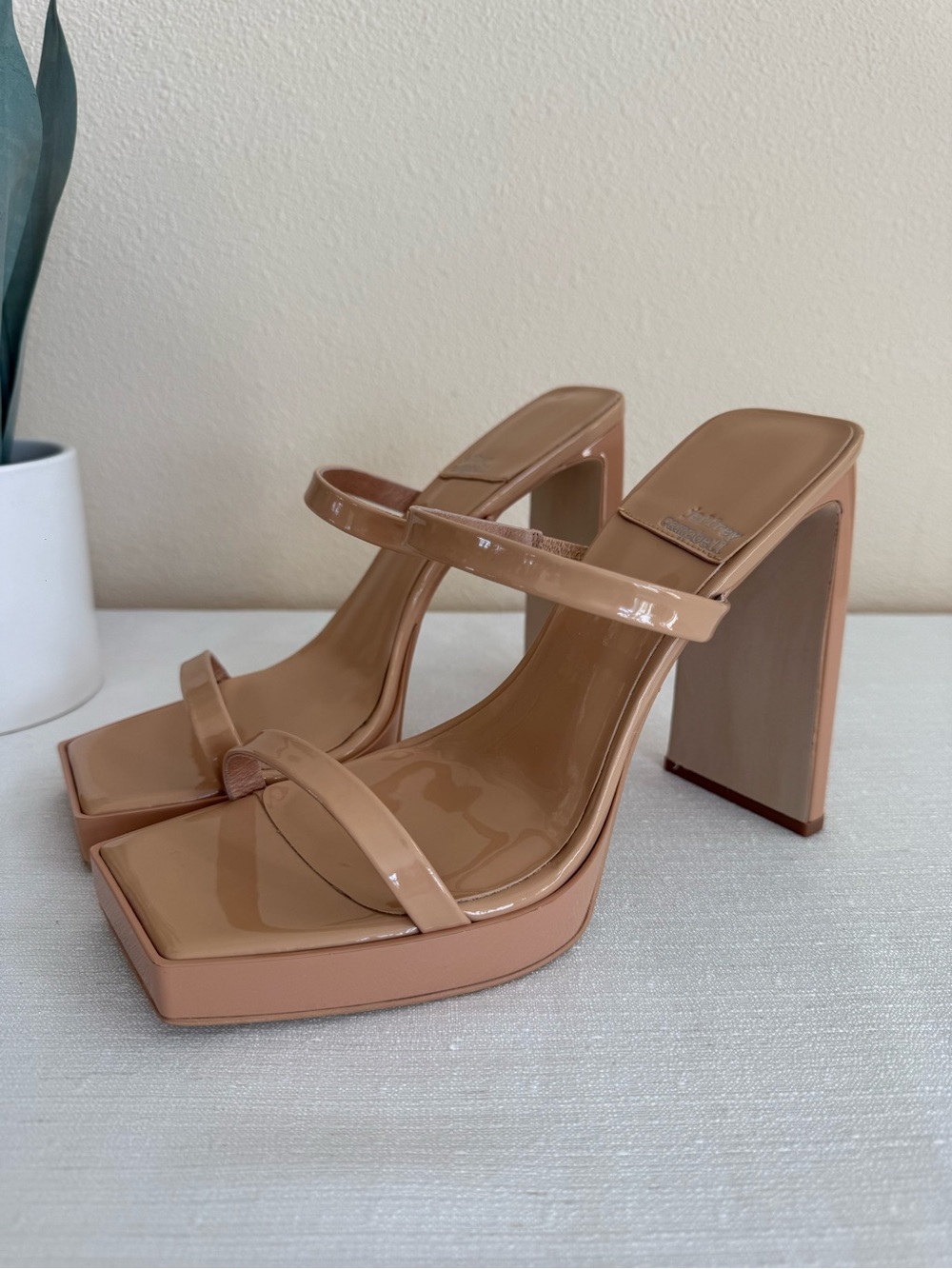 New Jeffrey Campbell Patent Square-Toe Nude High Heel Sandals